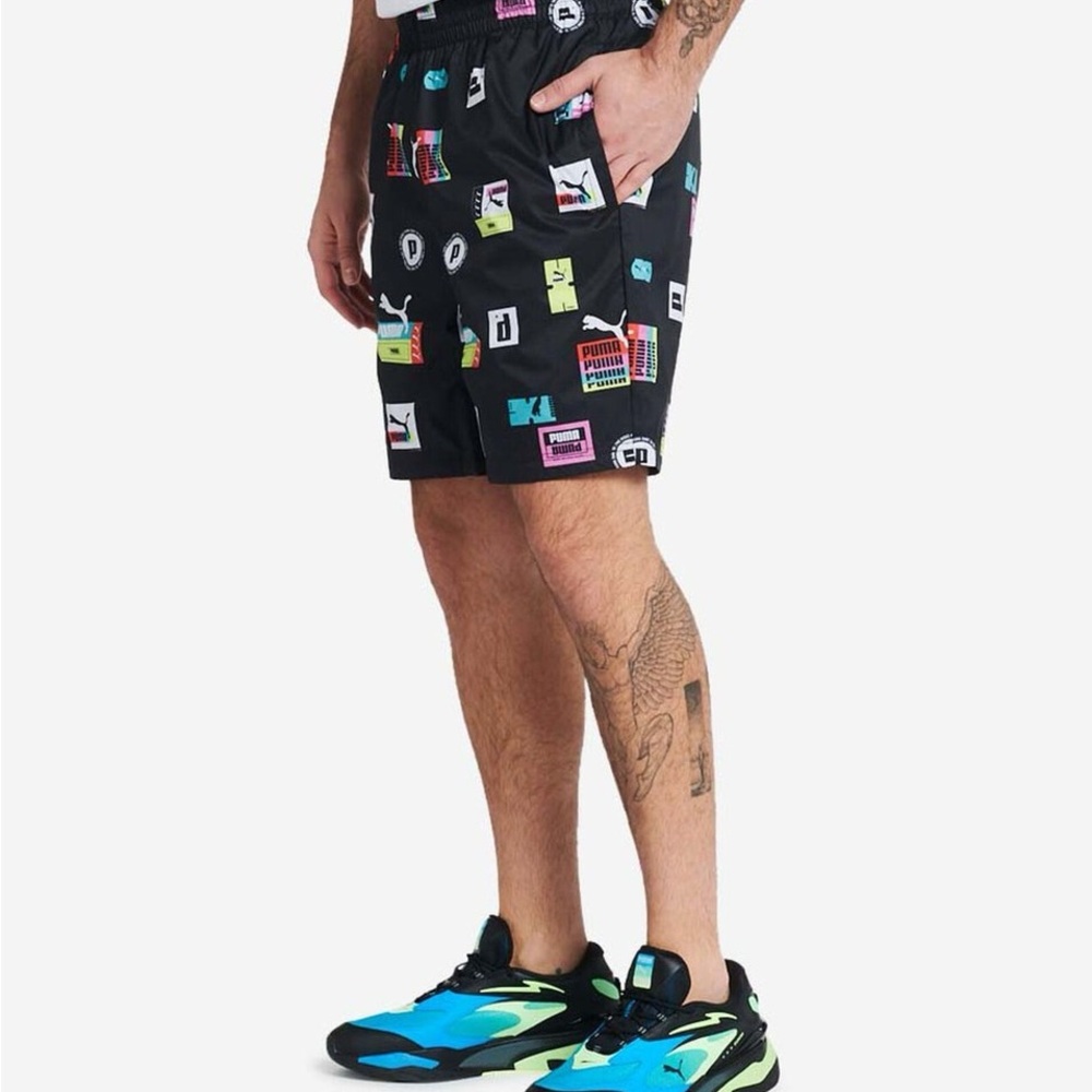 PUMA Men's Multi All Over Logo Sportswear Active Performance Gym Black Shorts - Picture 6 of 13